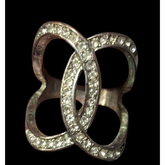 Elegant Glam Silver Tone Rhinestone Crossover Ring Size 6 1/2 - Picture 3 of 12